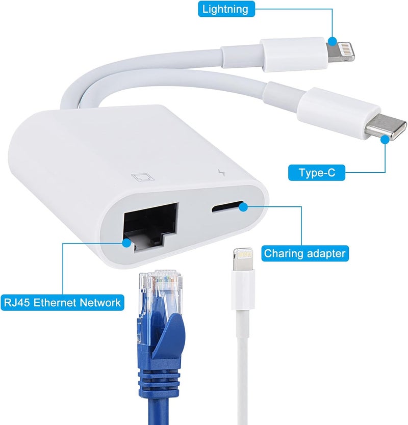 Giochem Lightning and USB C to Ethernet Adapter,2 in 1 RJ45 Ethernet LAN Network Adapter with Charge Port Compatible with iPhone/iPad/iPod/Samsung and More,Supports 100Mbps Plug and Play - Image 3